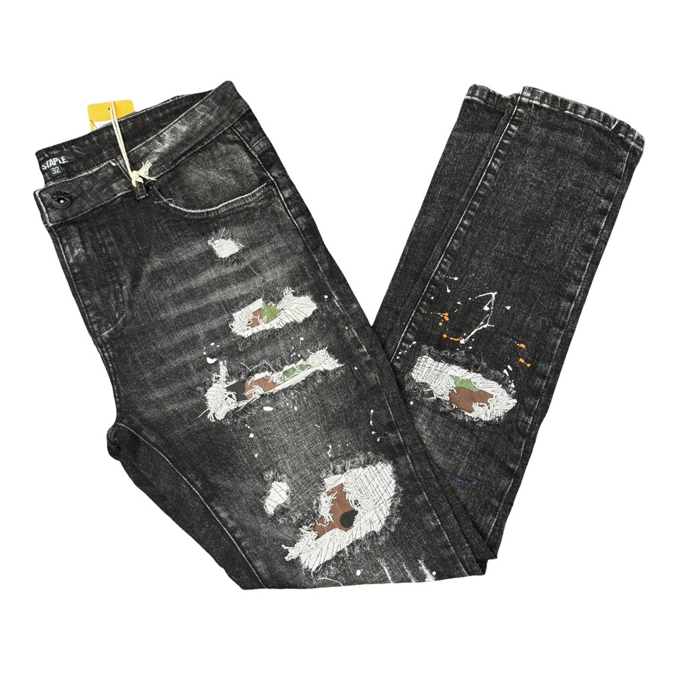 Staple Distressed Skinny Jeans 32x32 Paint Splatter Camo Patch BNWT Streetwear!!